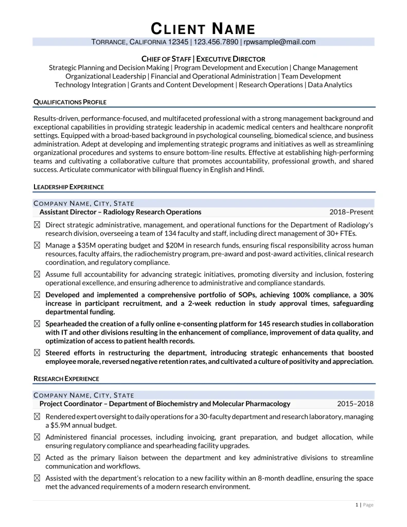 Chief Of Staff For Healthcare Resume Example Page One
