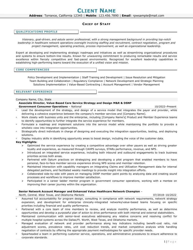 Chief Of Staff Resume For Managed Care Industry 1