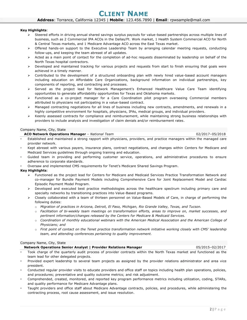 Chief Of Staff Resume For Managed Care Industry 2
