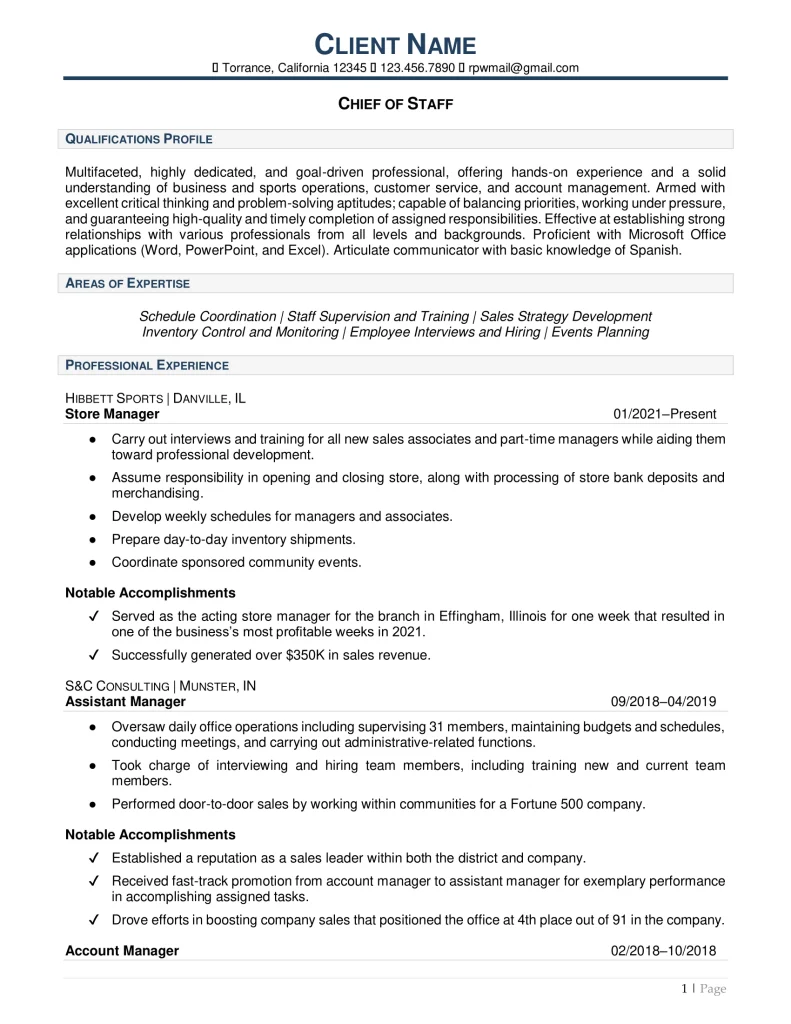 Chief Of Staff For Sales Industry Resume Example Page One