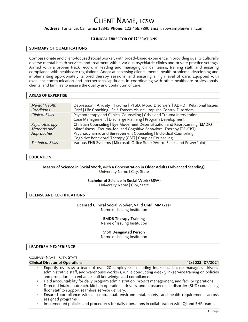 Clinical Director Of Operations Resume Example Page One