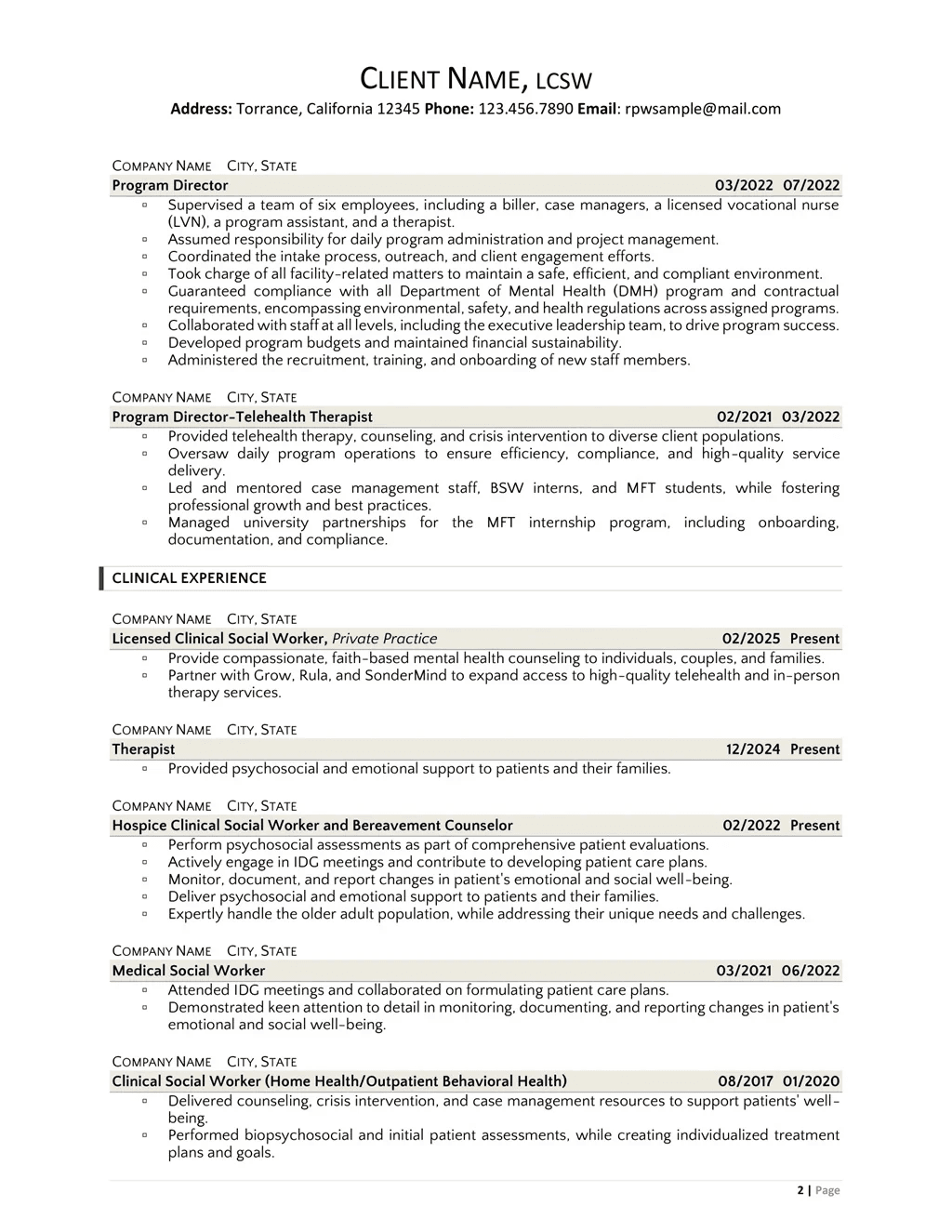 Clinical Director Of Operations Resume Example Page Two