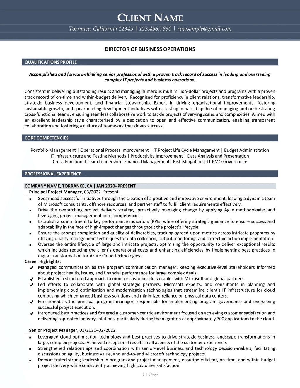 Director Of Business Operations Resume Example Page One