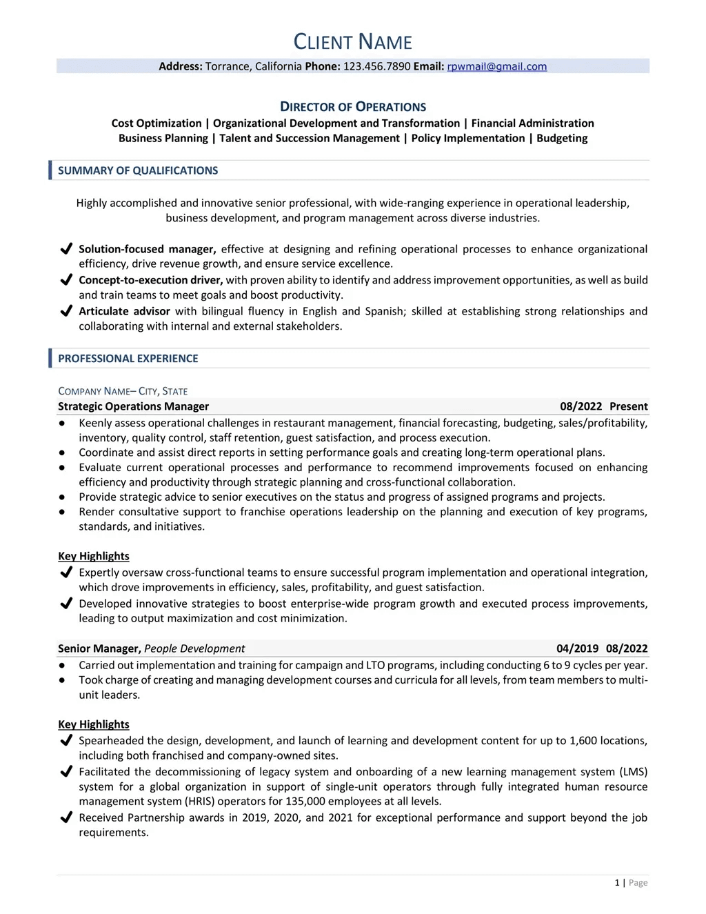 Director Of Finance Operations Resume Example Page One