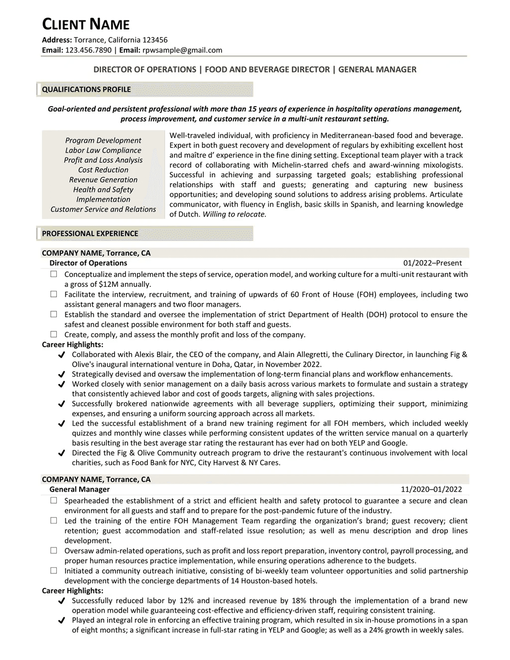 Director Of Operations Food And Beverage Resume Example Page One