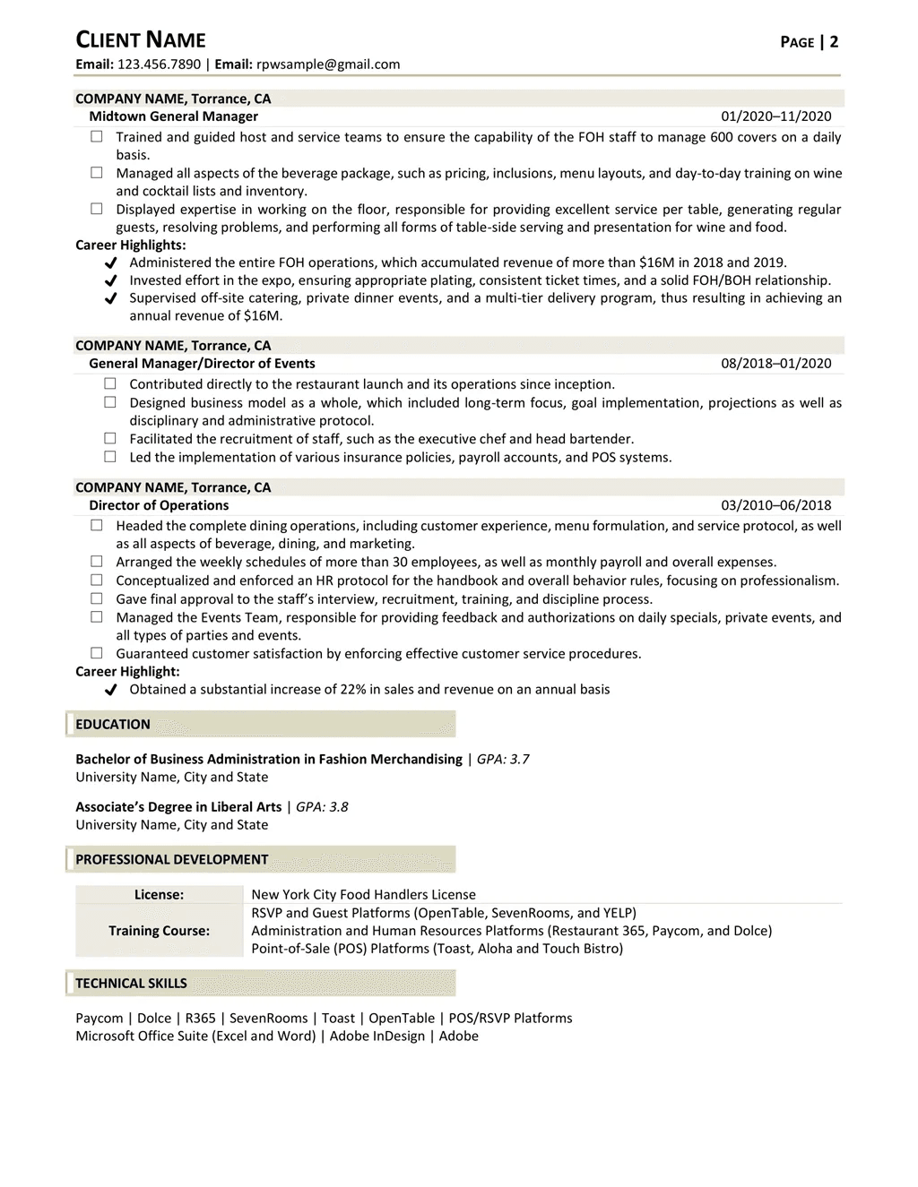 Director Of Operations Food And Beverage Resume Example Page Two