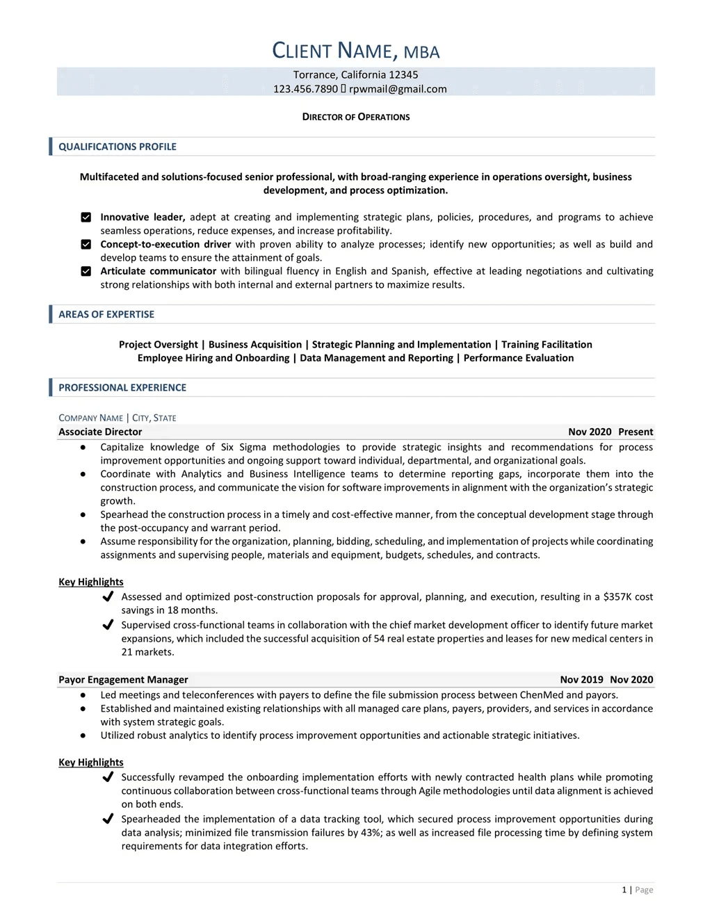 Director Of Operations Resume Example Page One