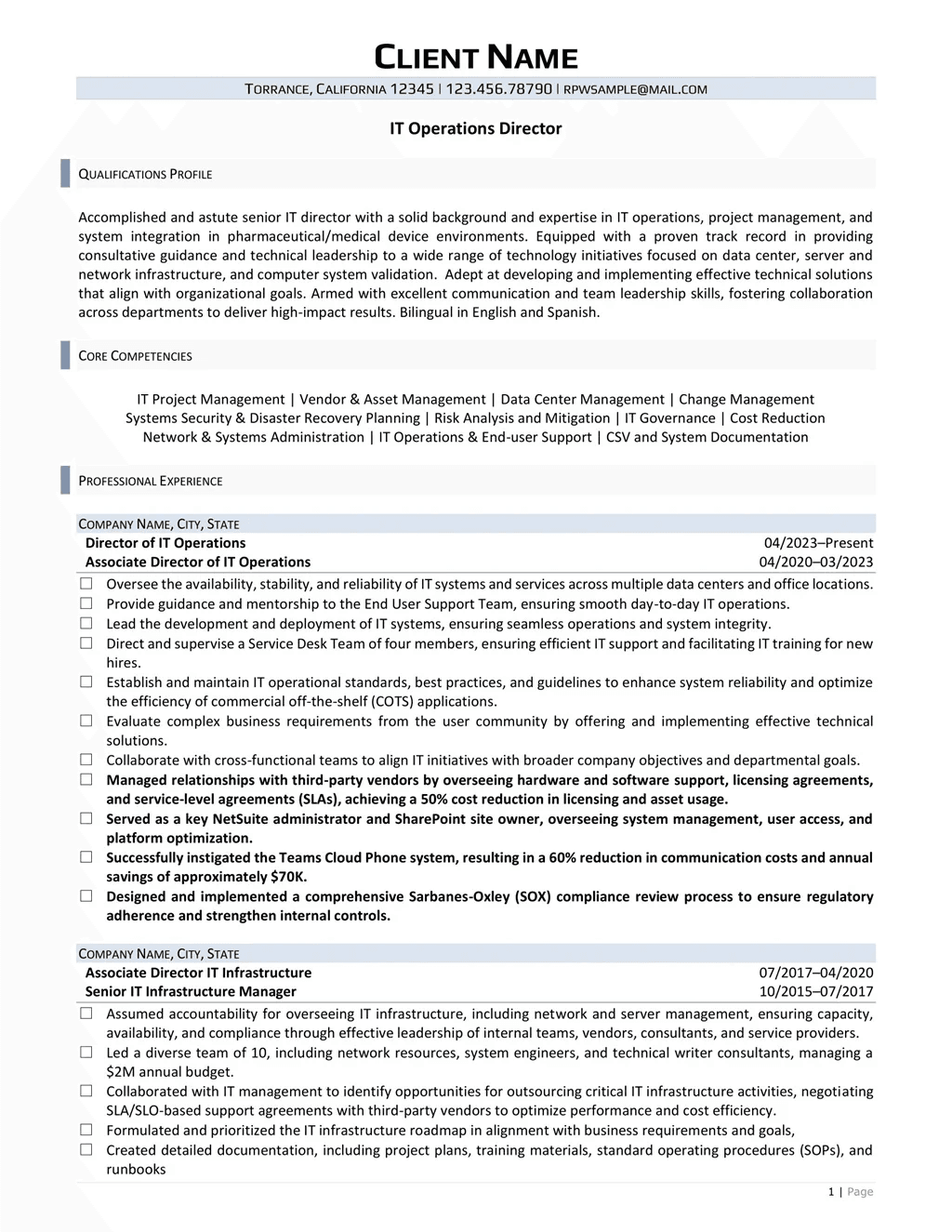 It Operations Director Resume Example Page One