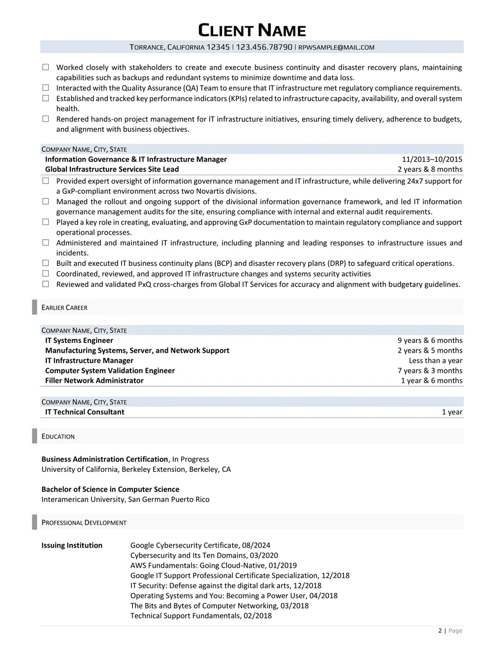 It Operations Director Resume Example Page Two