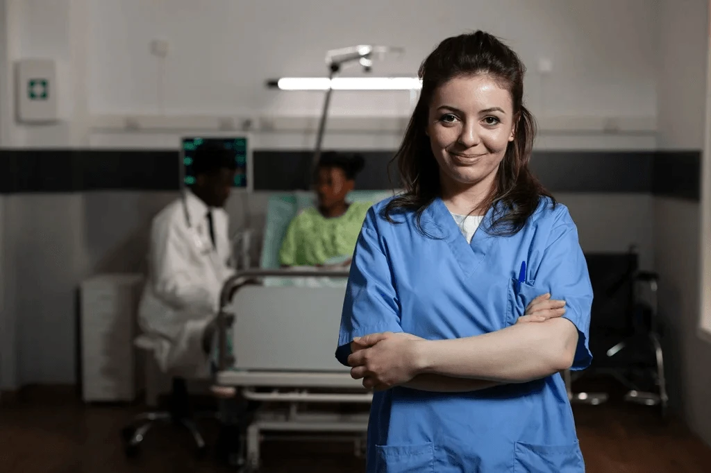 Confident Nursing Professional Working In A Clinical Setting