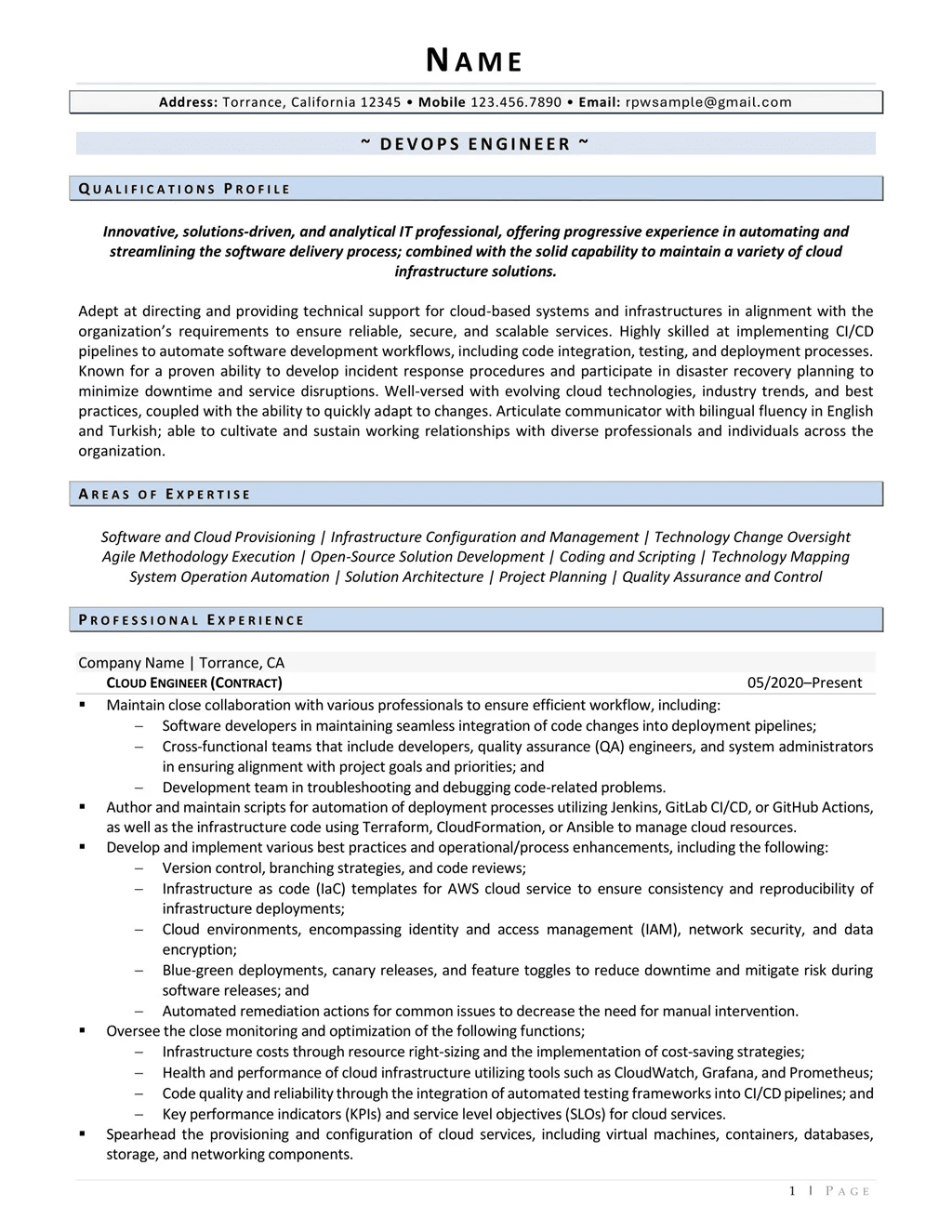Devops Engineer Resume Example Page One