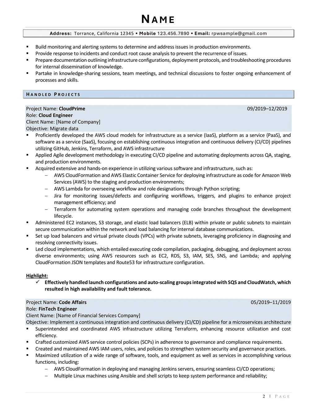 Devops Engineer Resume Example Page Two