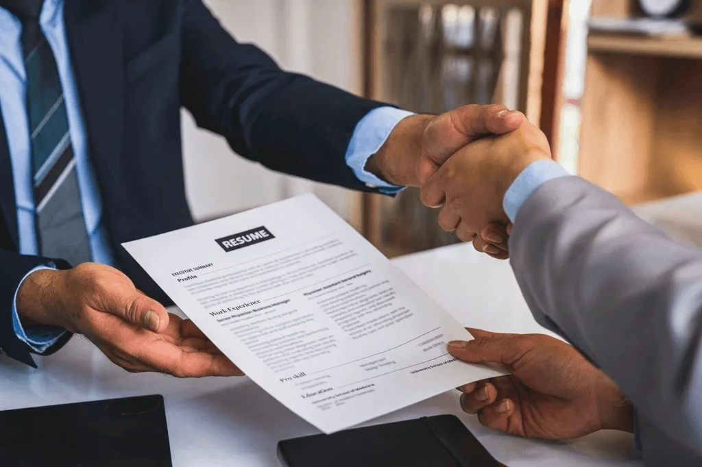 Employer Shaking The Hands Of The Job Applicant After An Impressive Resume Profile