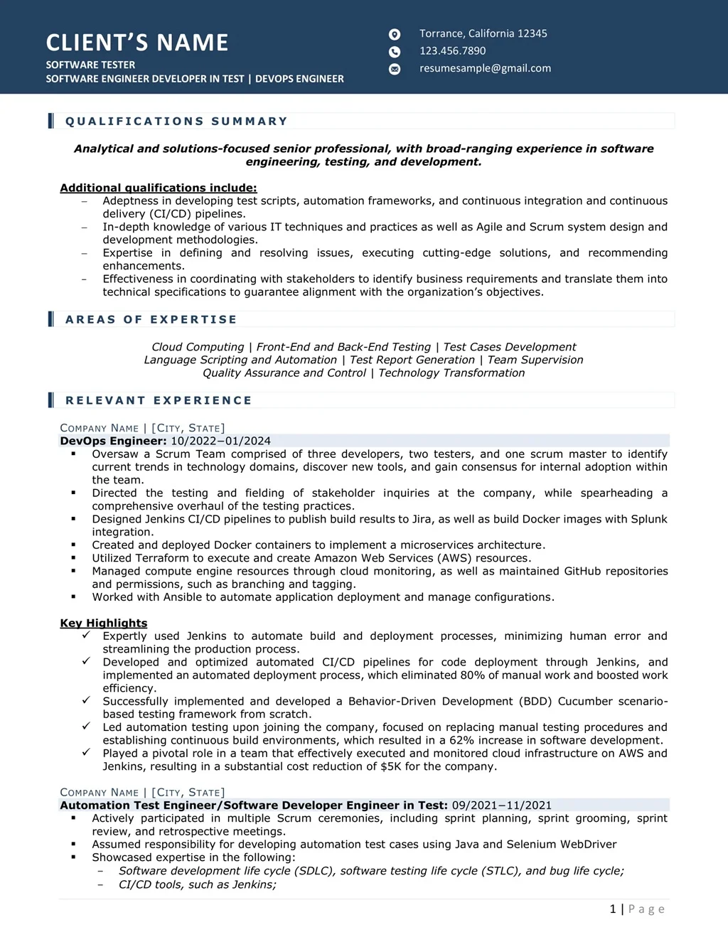 Software Tester Devops Engineer Resume Example Page One