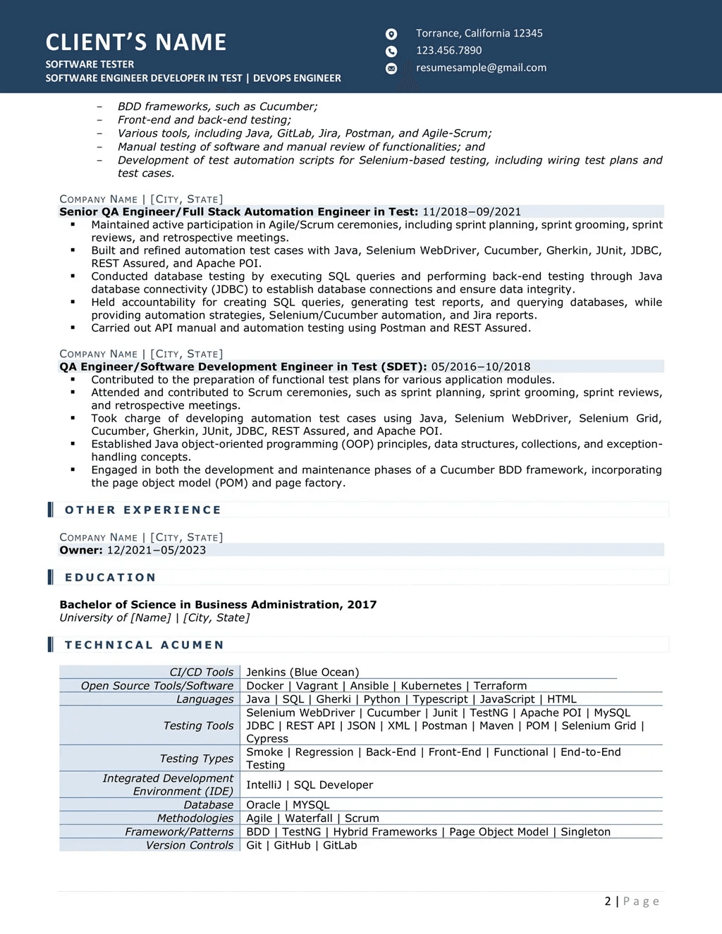 Software Tester Devops Engineer Resume Example Page Two