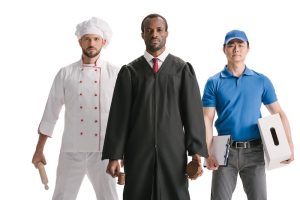 Various male workers in skilled trades, tech, healthcare, and business roles showcasing good careers for men