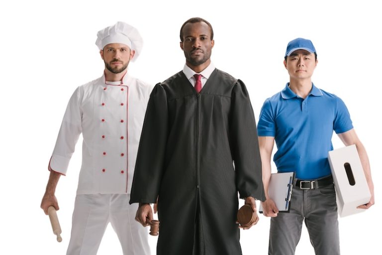 Various male workers in skilled trades, tech, healthcare, and business roles showcasing good careers for men