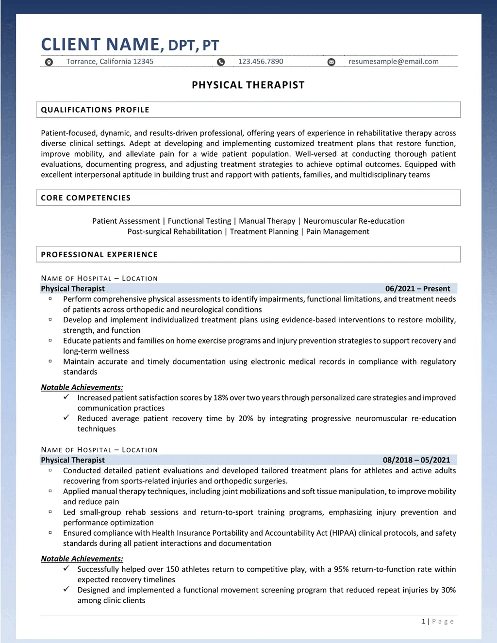 Physical Therapist Resume Example Page One