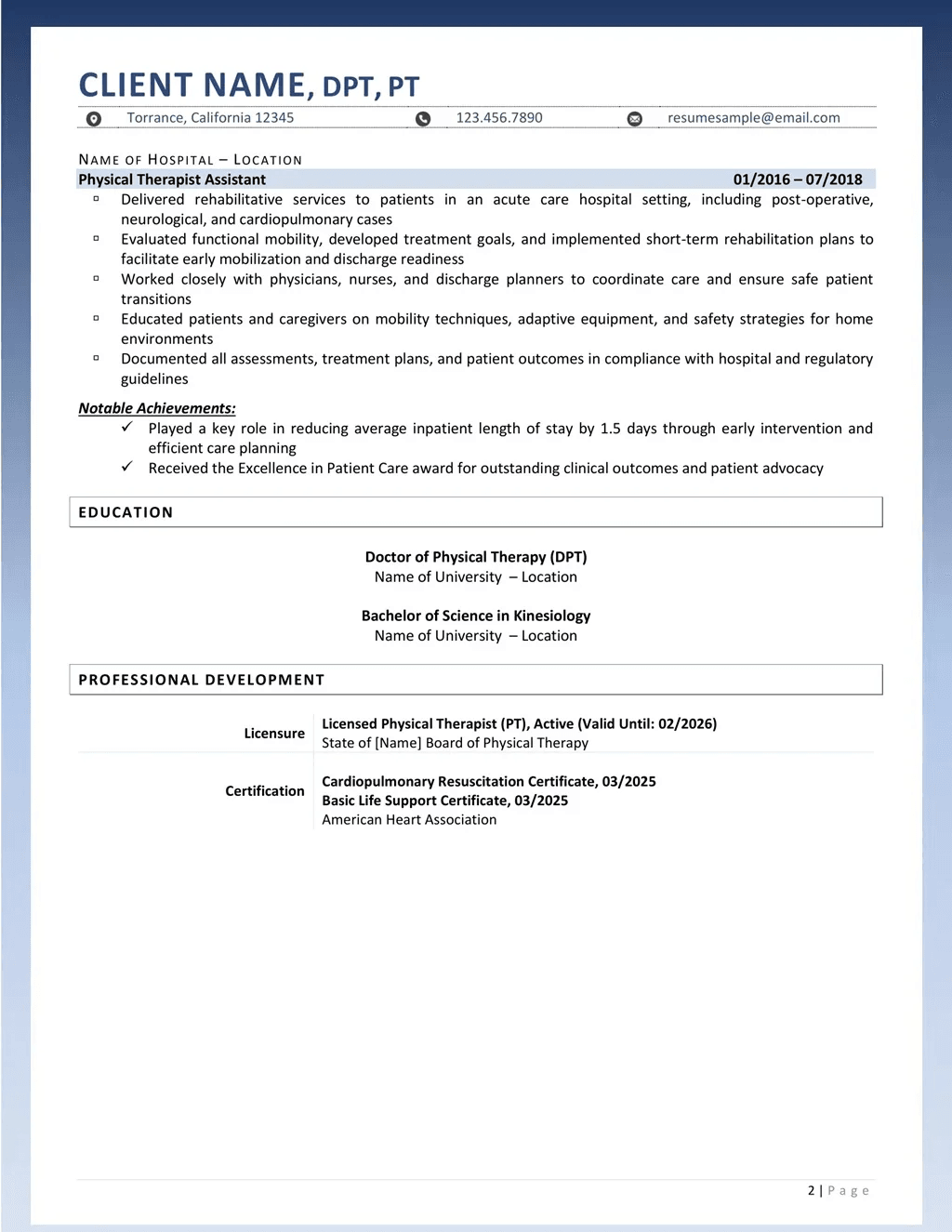 Physical Therapist Resume Example Page Two