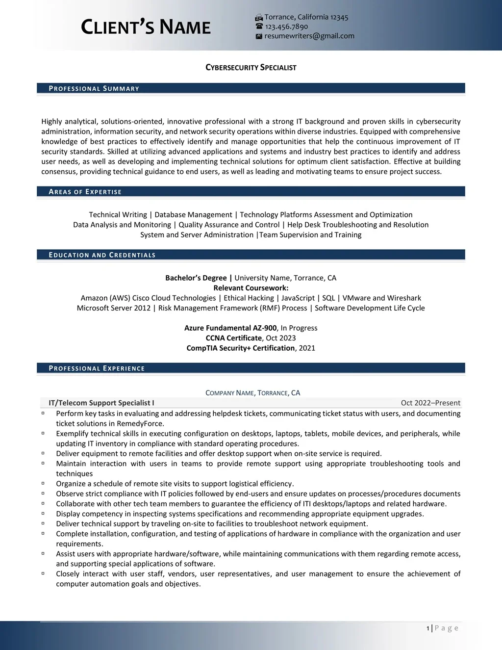 Cybersecurity Analyst Resume Example Page One