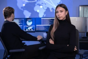 cybersecurity analyst working in a modern office