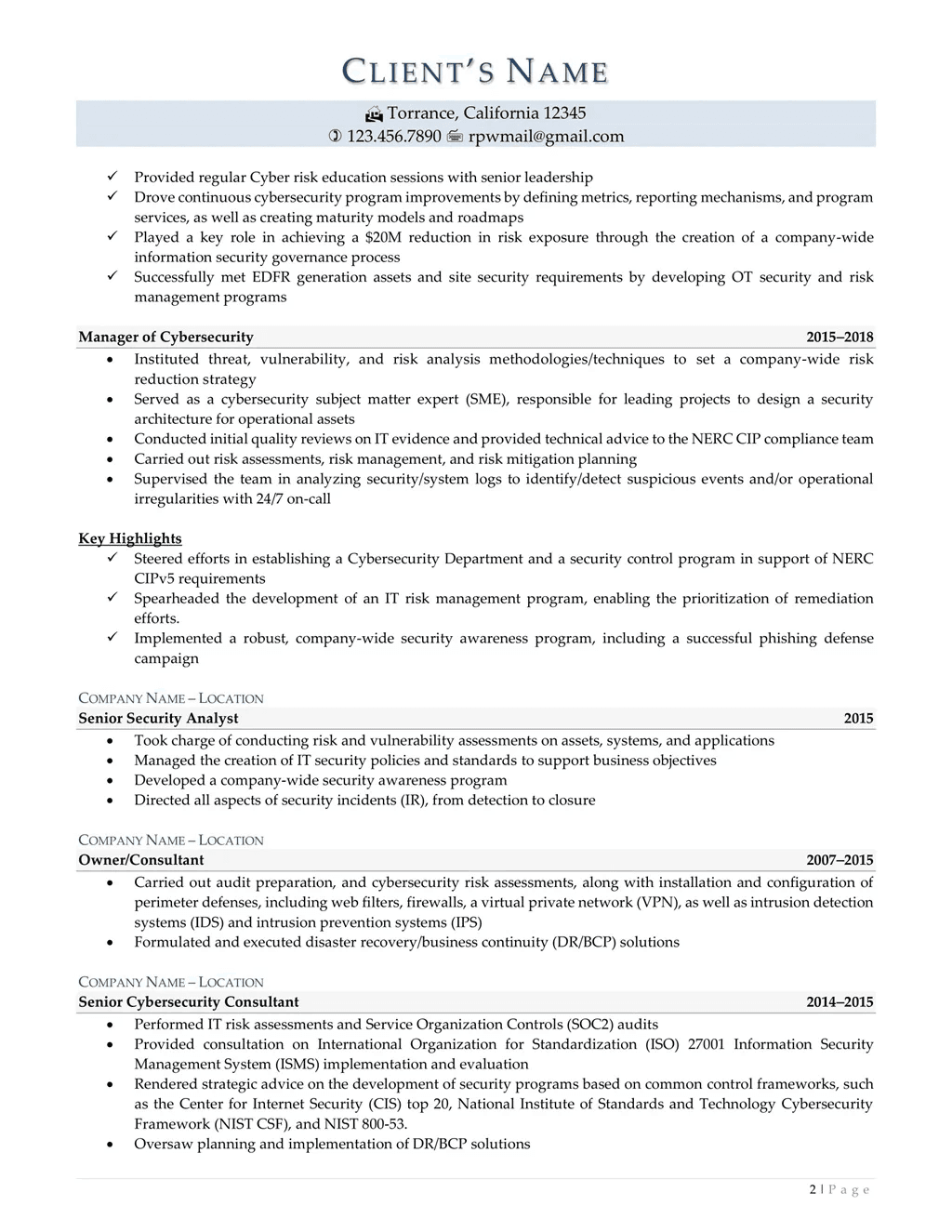 Cybersecurity Director Resume Example Page Two