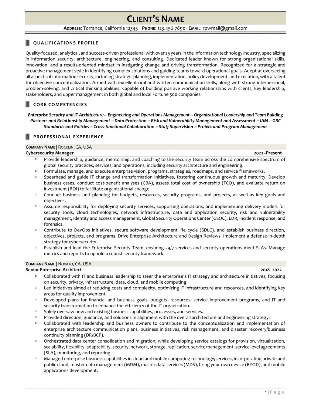 Cybersecurity Manager Resume Example Page One