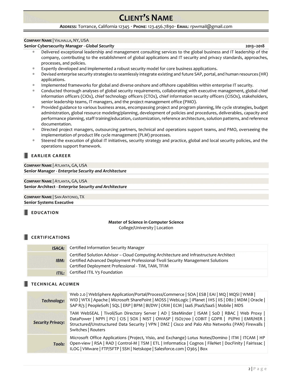 Cybersecurity Manager Resume Example Page Two