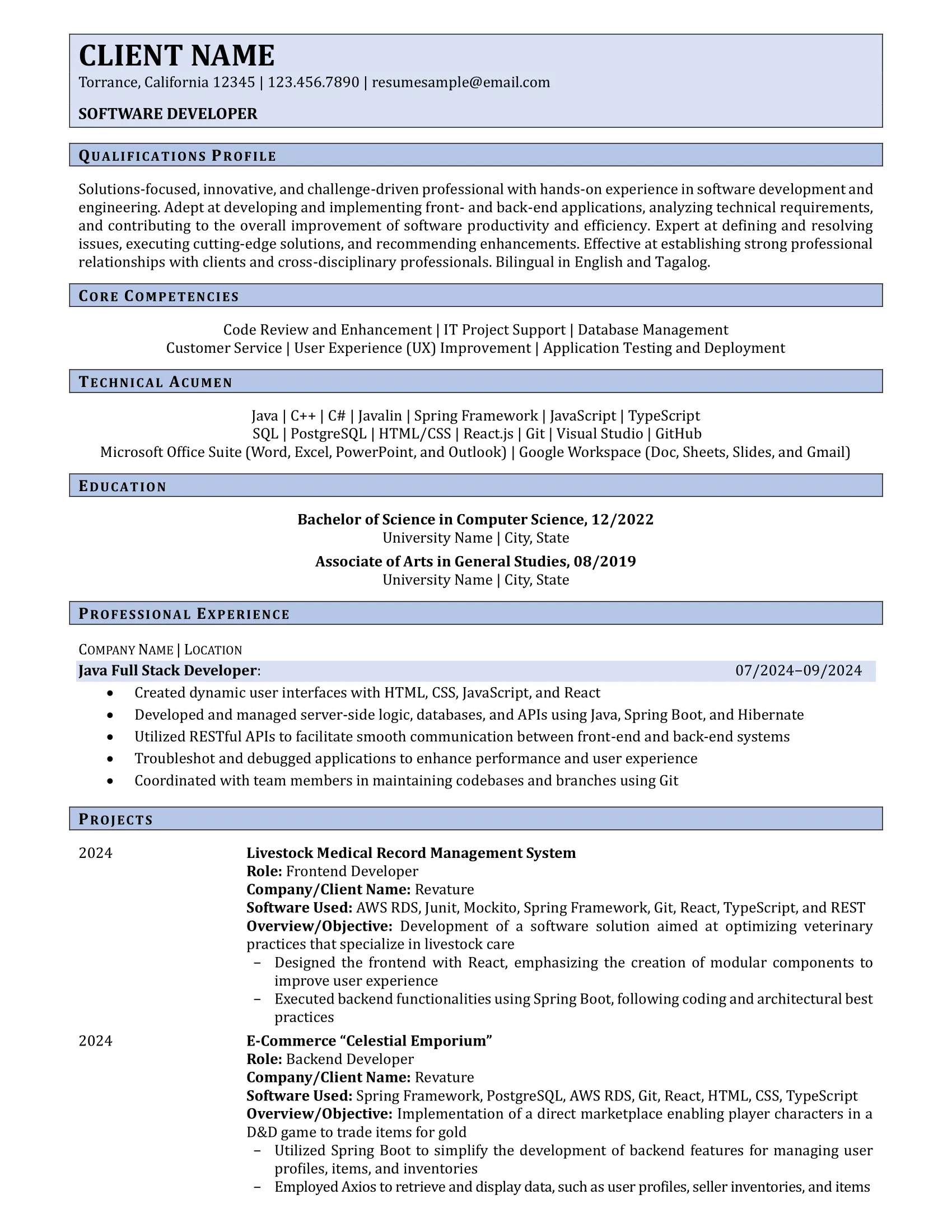 Entry-Level Software Developer Resume Example Page 1