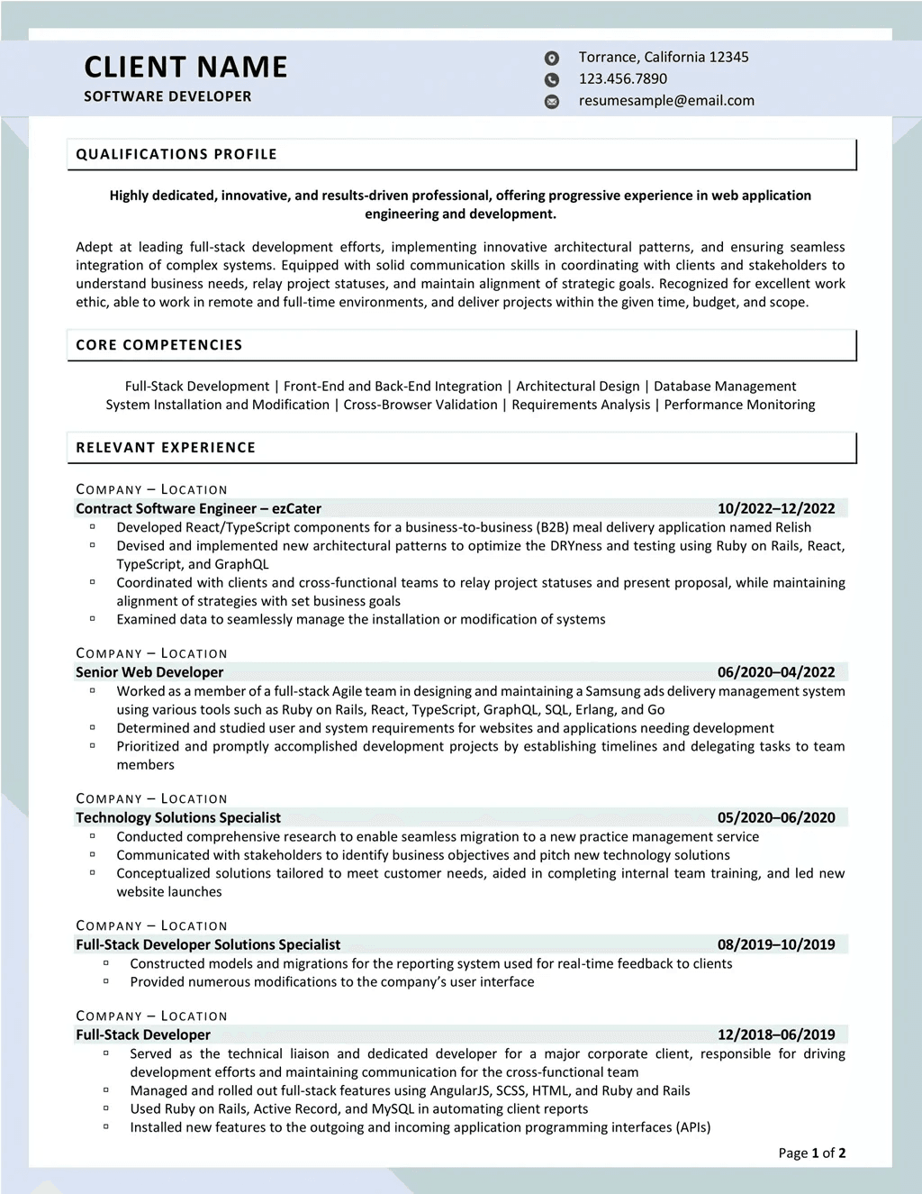 Experienced Software Developer Resume Example Page One