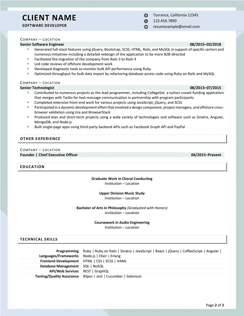 Experienced Software Developer Resume Example Page Two