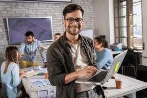 smiling employee confident with his digital marketing skills