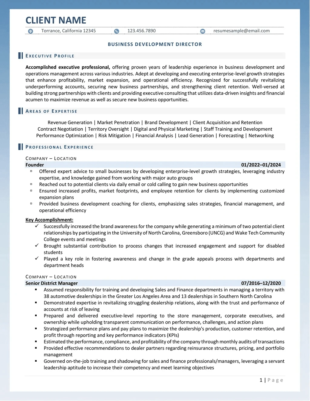 Business Development Director Resume Example Page One