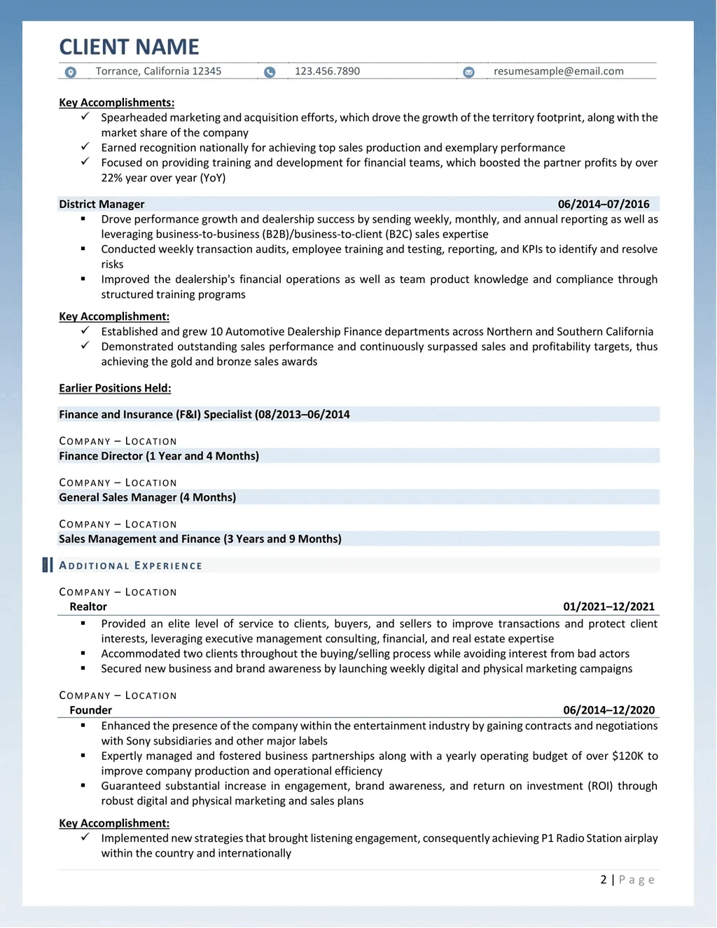 Business Development Director Resume Example Page Two