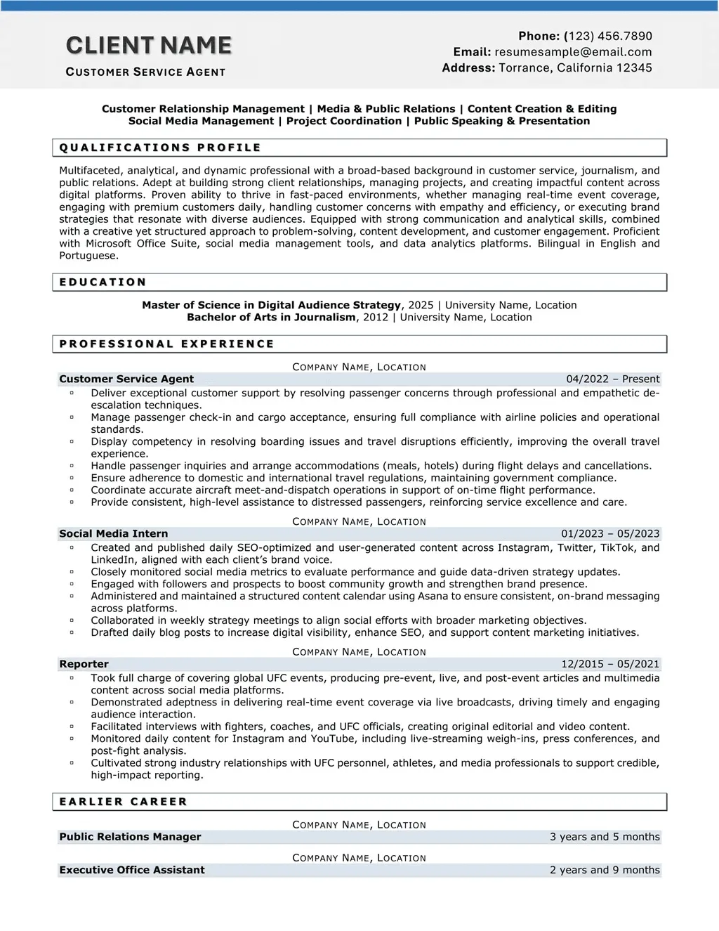 Customer Service Agent Resume Example