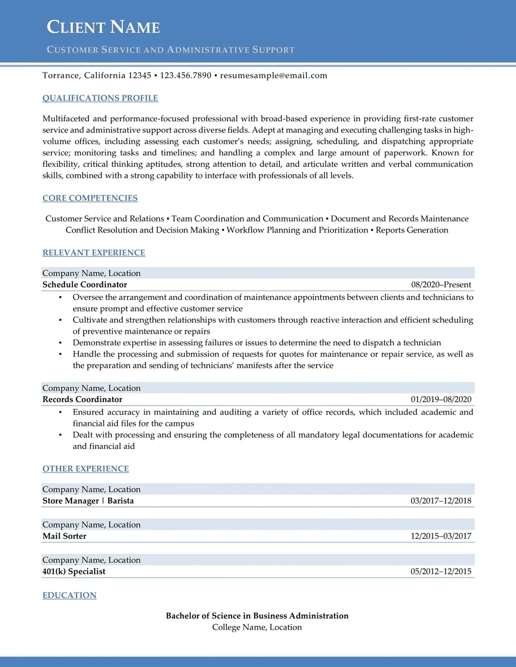 Customer Service And Administrative Support Resume Example