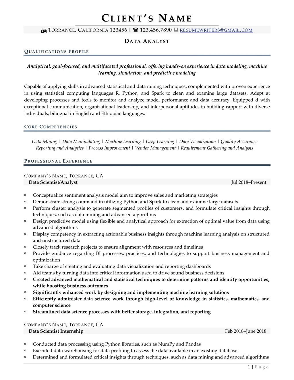Data Analyst Resume Example Page One