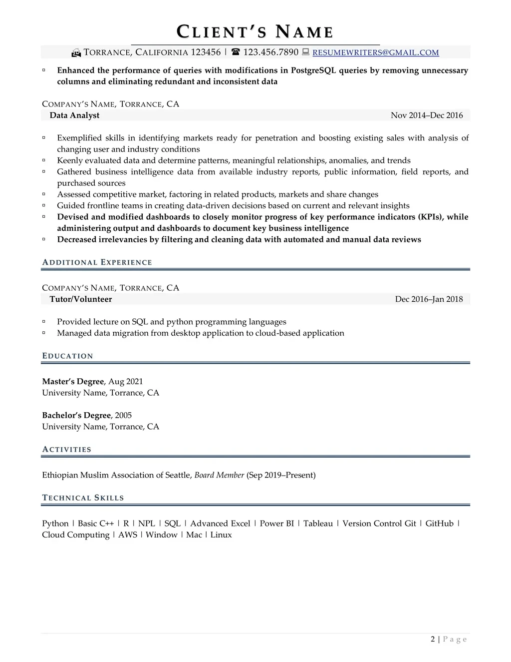 Data Analyst Resume Example Page Two
