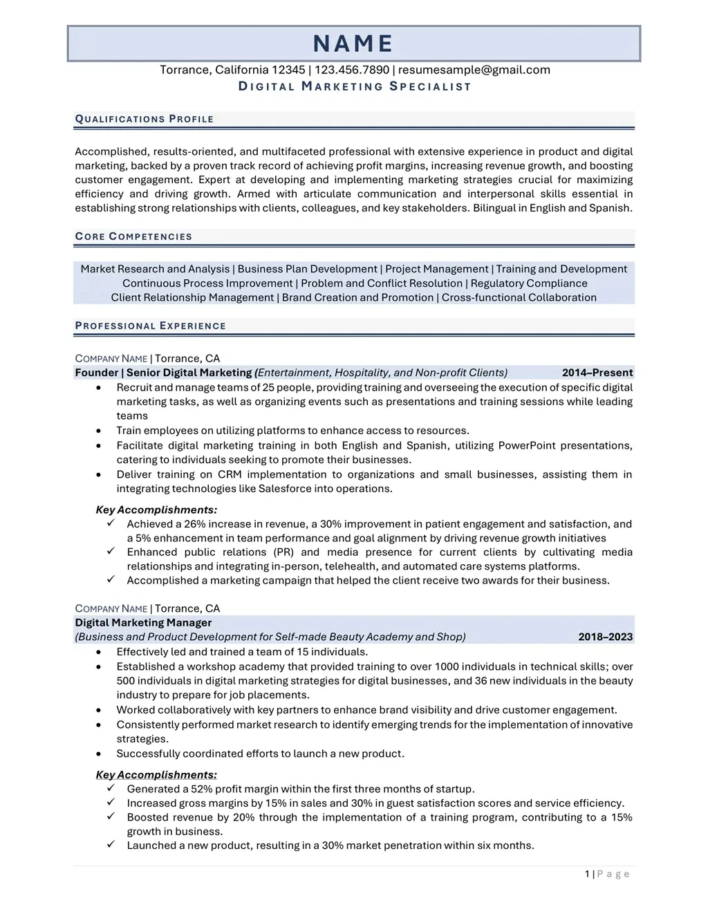 Digital Marketing Specialist Resume Example Page One