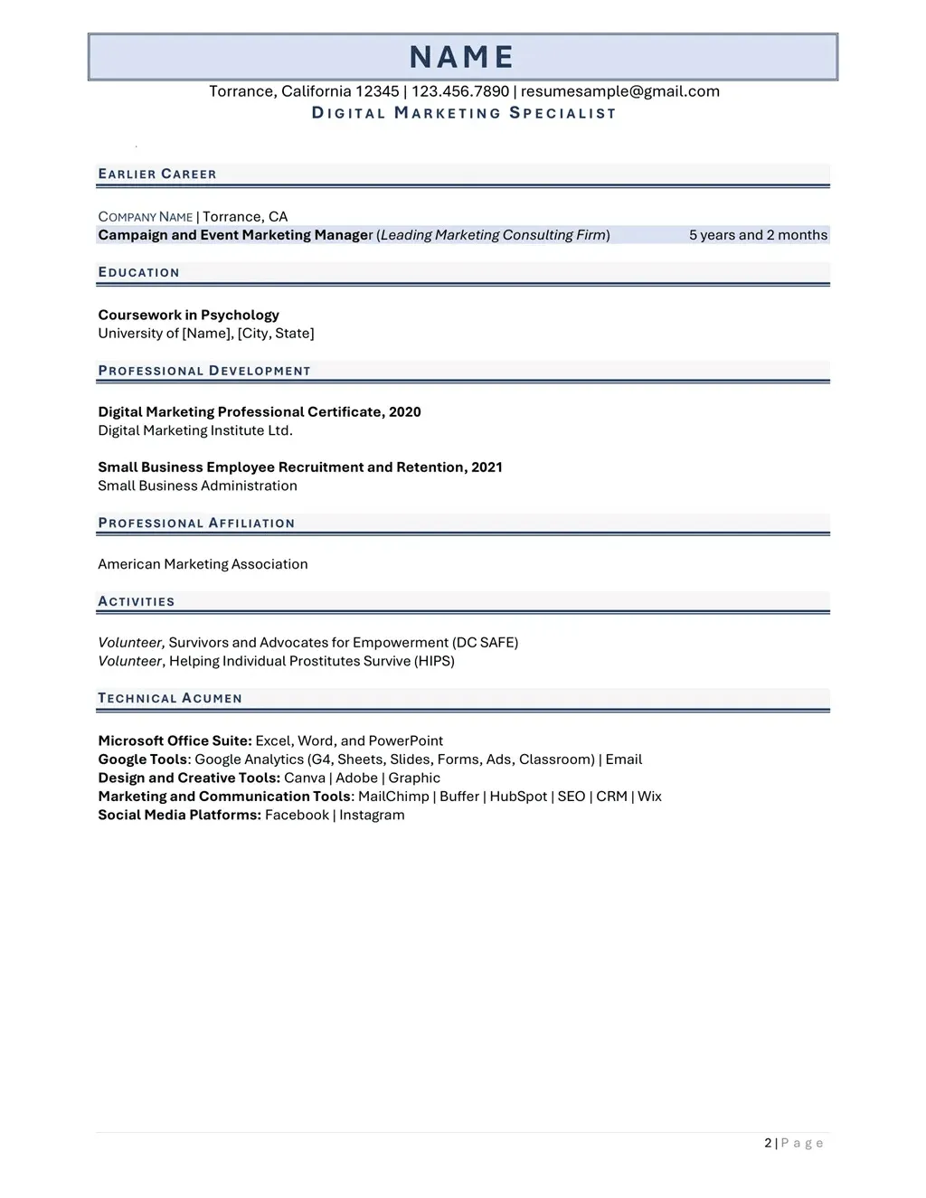 Digital Marketing Specialist Resume Example Page Two