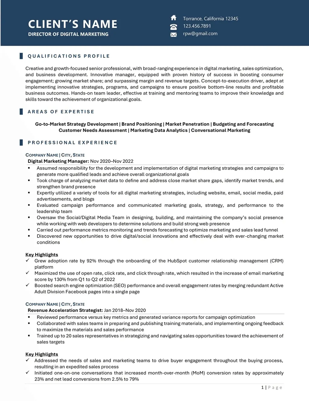 Director Of Digital Marketing Resume Example Page One