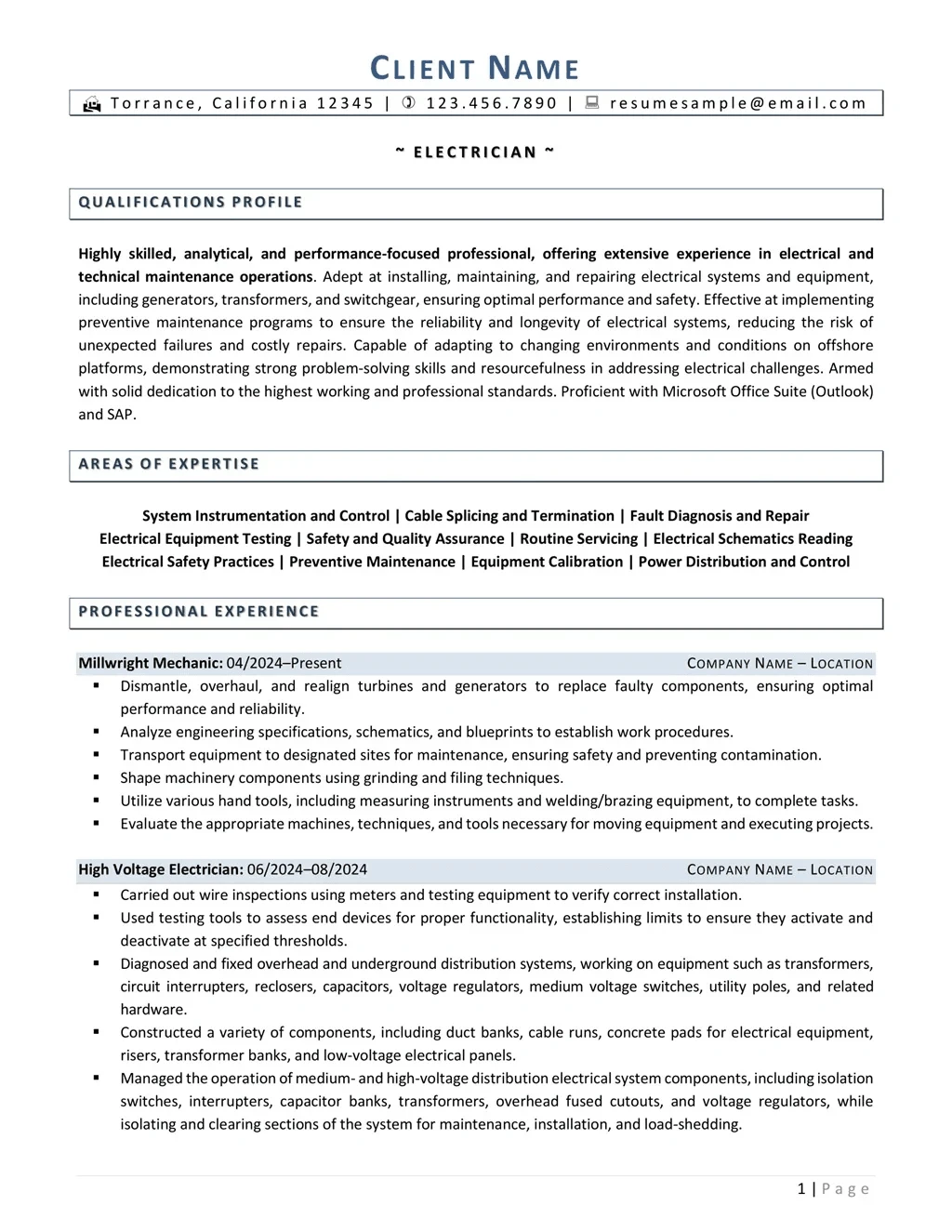 Electrician Resume Example Page One