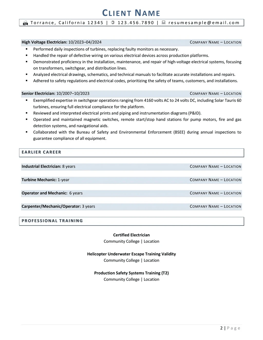 Electrician Resume Example Page Two