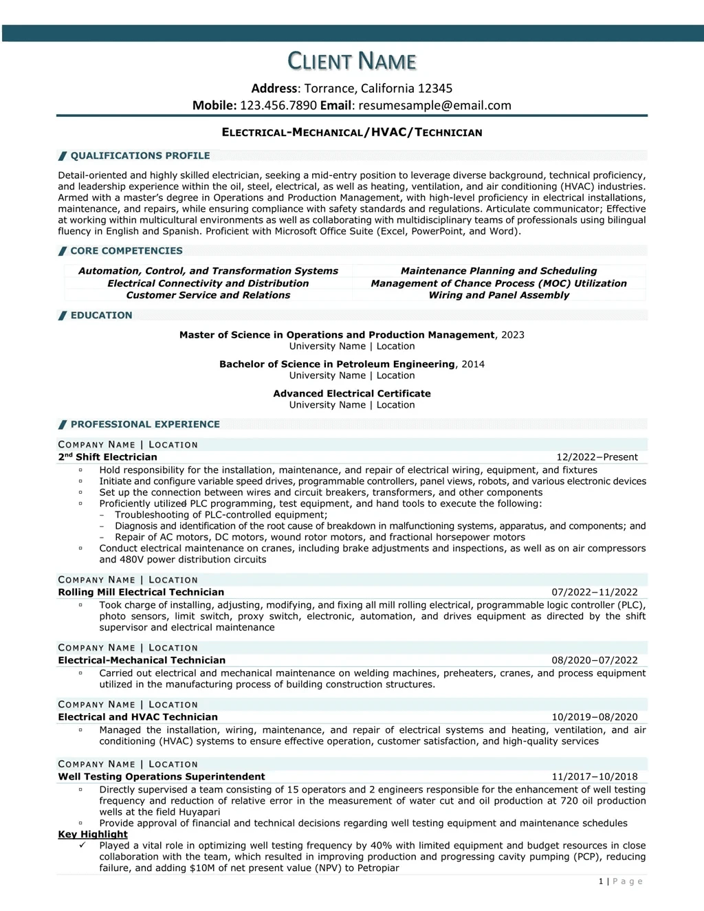 Electro Mechanical Technician Resume Example Page One