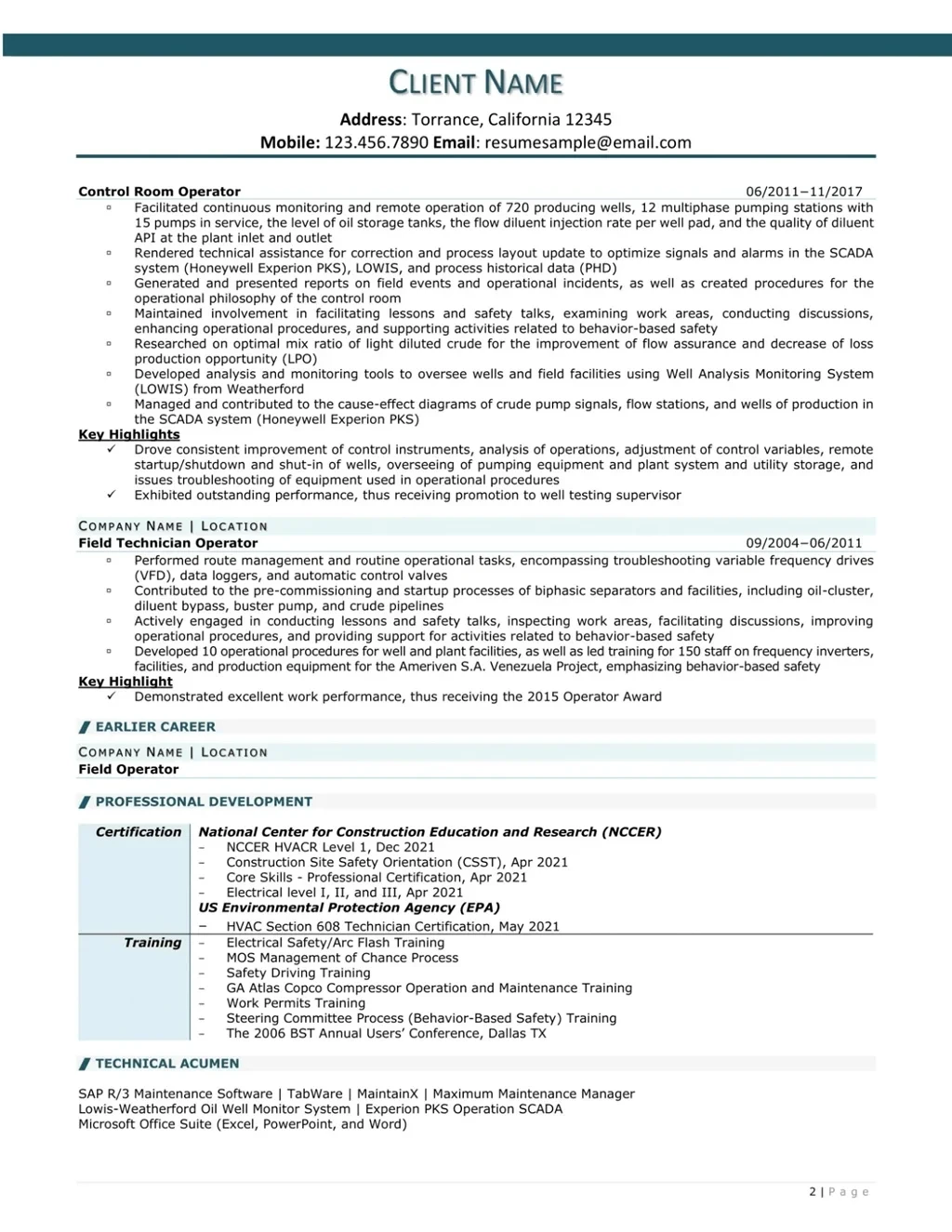 Electro Mechanical Technician Resume Example Page Two