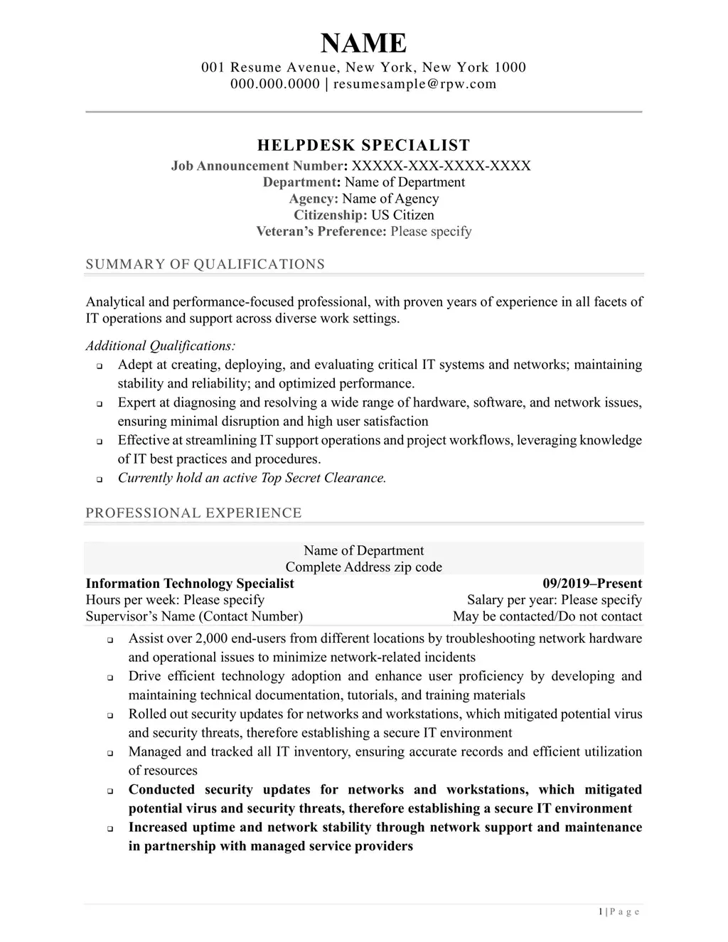 Help Desk Specialist Federal Resume Example Page One