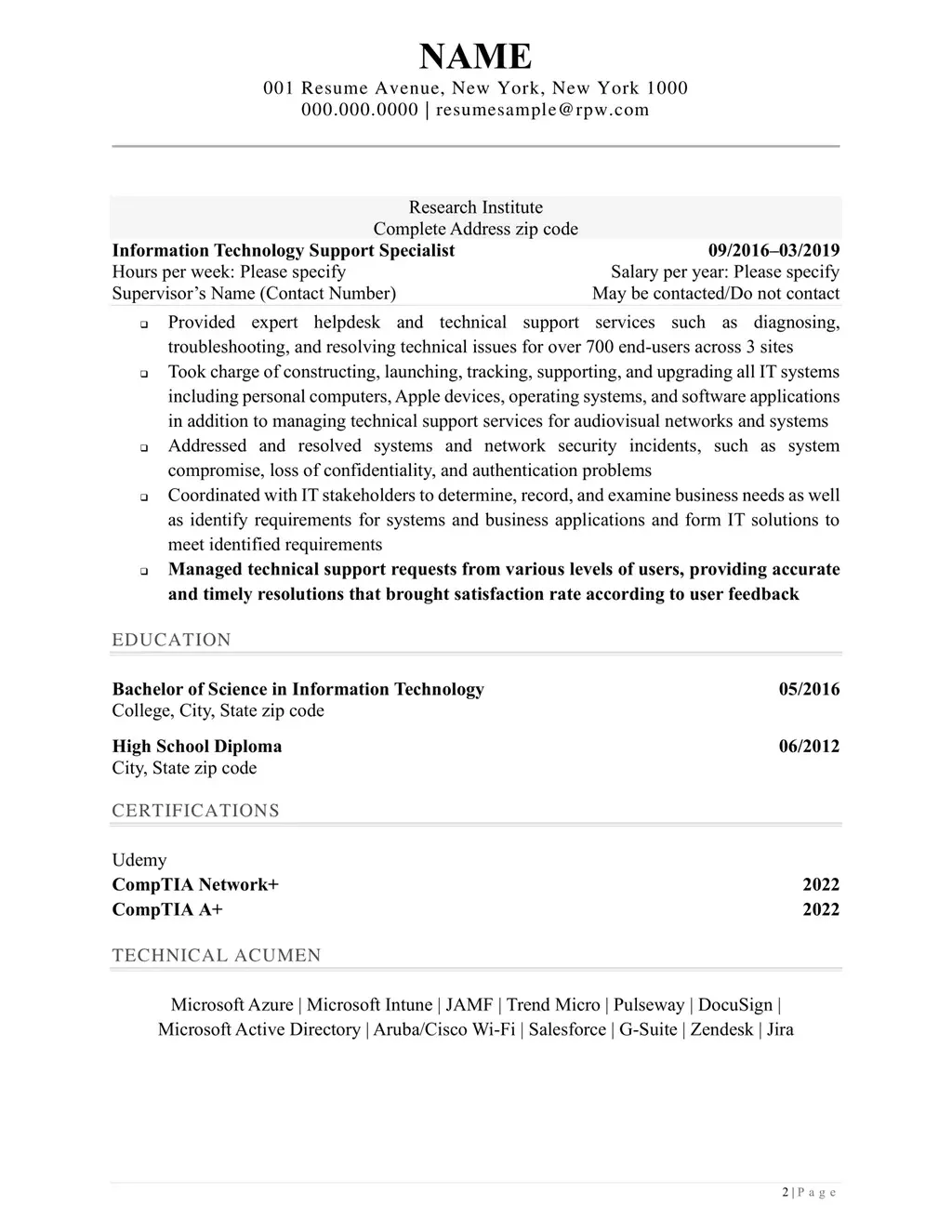 Help Desk Specialist Federal Resume Example Page Two