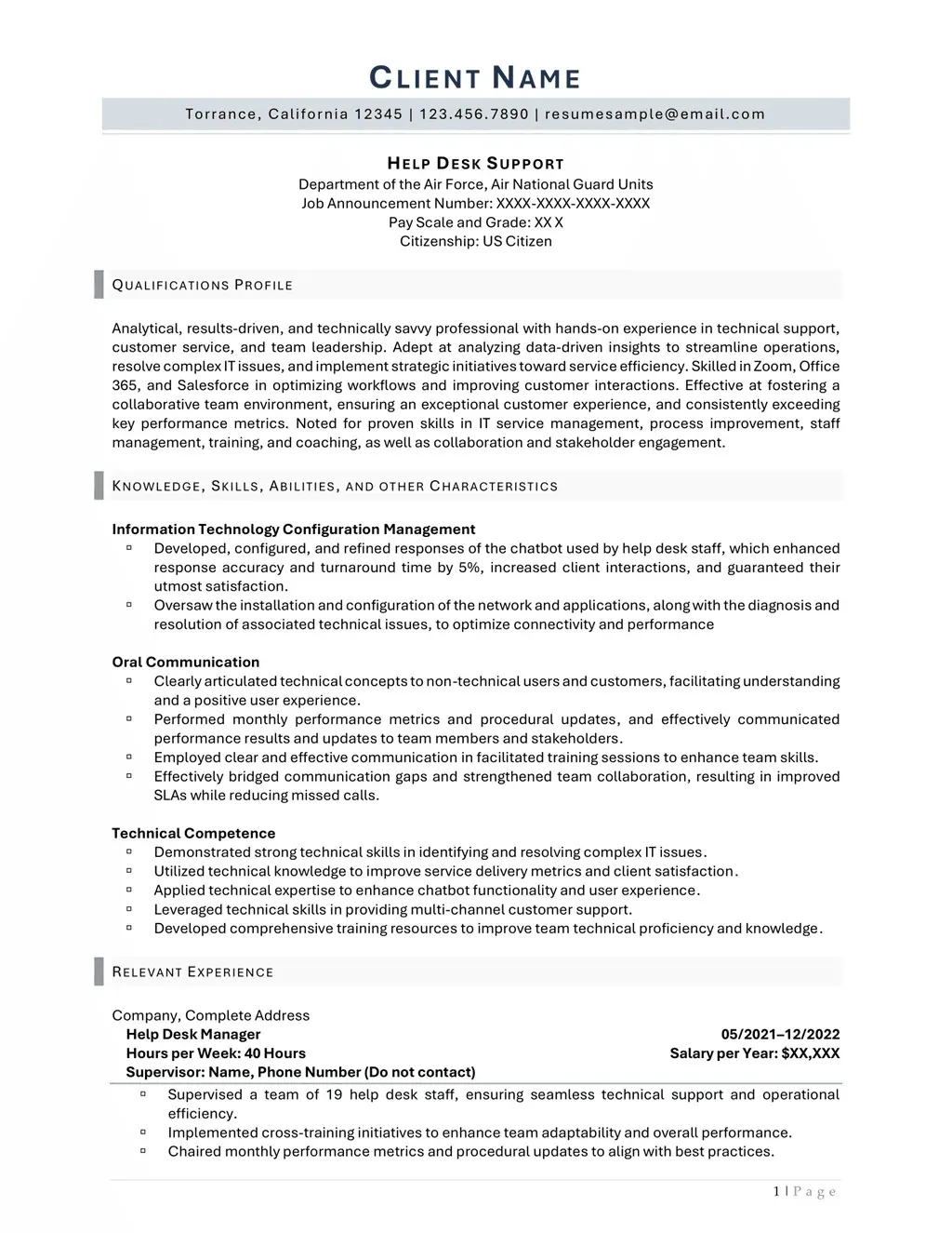 Help Desk Support Federal Resume Page One