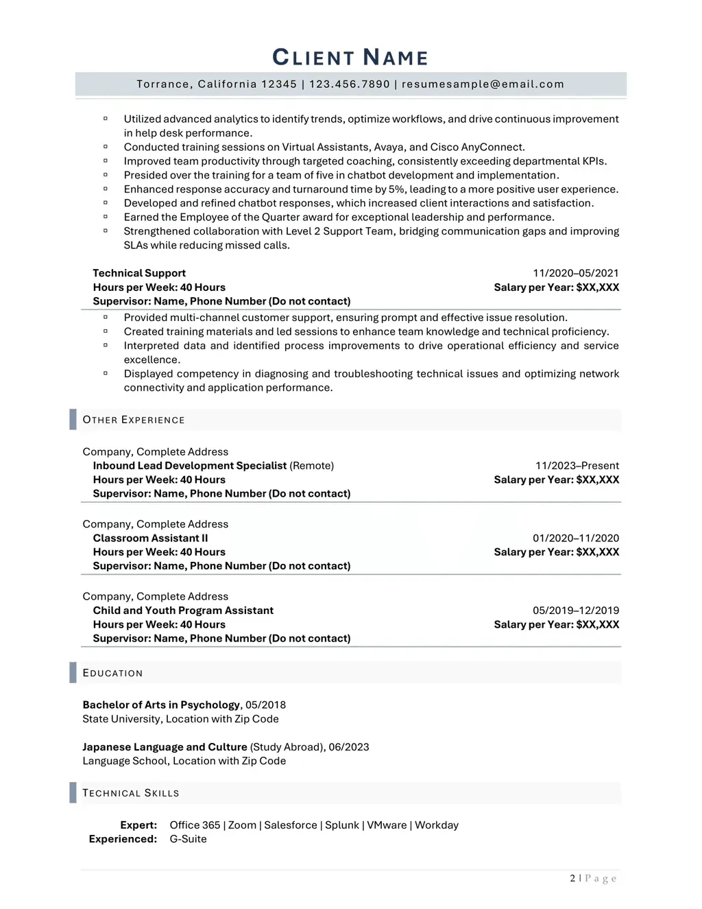 Help Desk Support Federal Resume Page Two