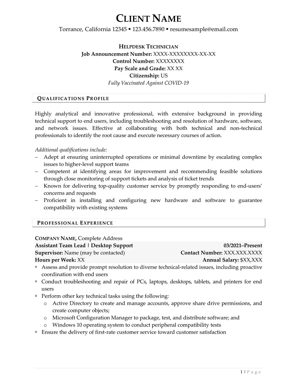 Help Desk Technician Resume Page One